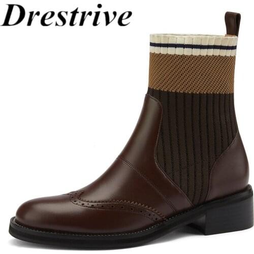 Drestrive Womens Ankle Boots Cow Leather Patchwork Round Toe Low Heels 4 cm Woolen Black Mixed Colors Casual Shoes