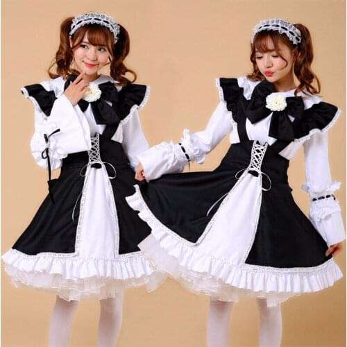 Gothic Black Lolita Maid Lace Dress Cute Cosplay Girls Outfit Long Sleeves Halloween Costume For Women Plus Size