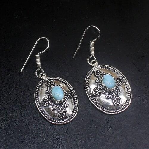 Hermosa Vintage Fantasy Natural Blue Larimar Silver Color Jewelry Gifts Dangle Drop Earrings for Women Girls 1 7/8 Inch FQ277