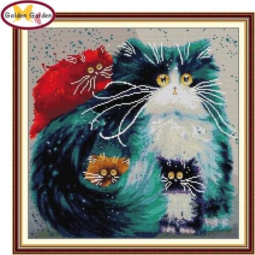 GG Colorful Cat Stamped Cross Stitch Painting Embroidery Needlework Set Joy Sunday 14CT 11CT Counted Cross Stitch for Home Decor