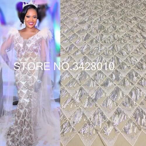 High quality silver African lace fabric sequins french tulle lace fabric 2020 latest arrival hot sale 5 yards for dress CD20962