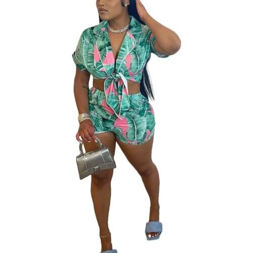 Summer new Two Piece Casual Loungewear printing Suits Short Sleeve Front lace up Shirt Top & Slim Shorts Set