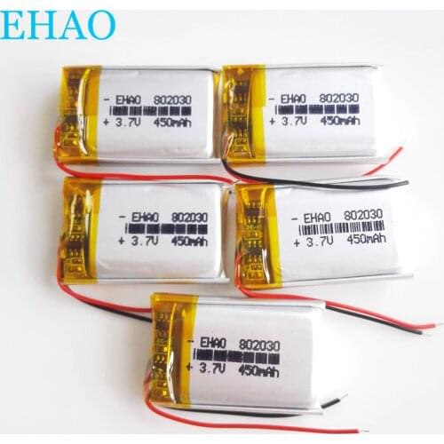 5 pcs 3.7V 450mAh 802030 Lithium Polymer LiPo Rechargeable Battery For Mp3 Camera bluetooth speaker smart watch GPS