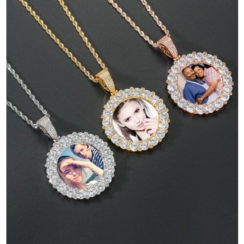 Fashion Charm Bling DIY Picture Memory Medallions CZ Round Frame Pendant Iced Zircon Couple Necklace Hiphop Custom Photo Jewelry