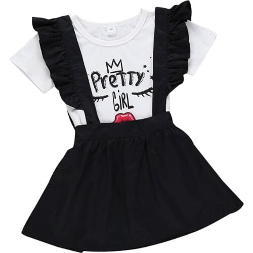 2pcs Baby Girls Fashion Dresses Summer Outfits Short Sleeve Cartoon Letter Print T-shirt + Suspender Skirt Set 1-6 Years