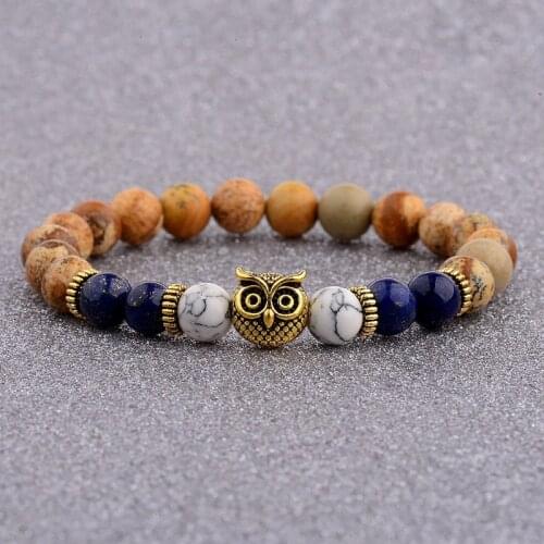 Trendy Charm Men Owl Shape Tiger Eye Bracelet Women Lava Lapis Lazuli Stone Bracelets Yoga Prayer Jewelry AB505