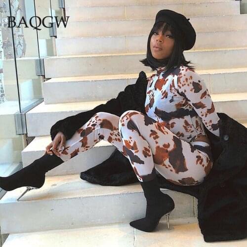 Autum Long Sleeve Vintage Skinny Cow Print Bodysuit Leggings 2 Piece Set Winter Turtleneck Women Fashion Streetwear Tracksuit