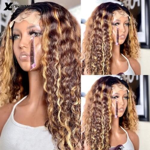 Curly T Part Human Hair Wig Brazilian Honey Blonde Brown Highlight Deep Water Wave 5x5 Silk Top Lace Front Wigs With Dark Roots