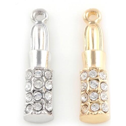 20Pcs/lot Silvear Golden Elegant Women Crystal Lipstick Charms Dangle Pendant Charms For Necklace Accessories 28*0.7mm
