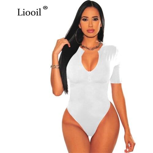 Liooil Sexy Tight Bodysuit Zip Up Body Suits Tops For Women 2021 Short Sleeve O Neck Bodycon Rompers Black White Red Jumpsuits