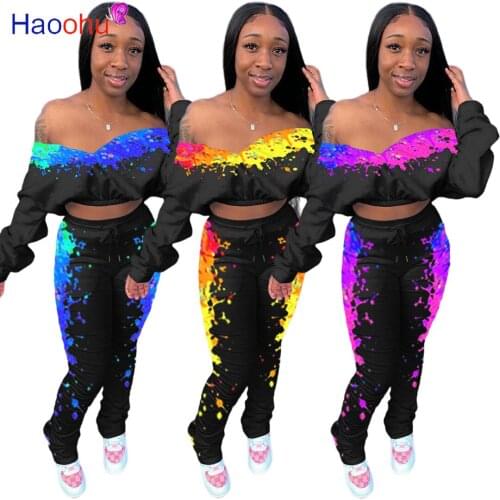 HAOOHU Sexy Plus Size Two Piece Jumpsuit Off Shoulder Batwing Sleeve Crop Top+Stacked Leggings Set Tracksuit Women Club Outfits
