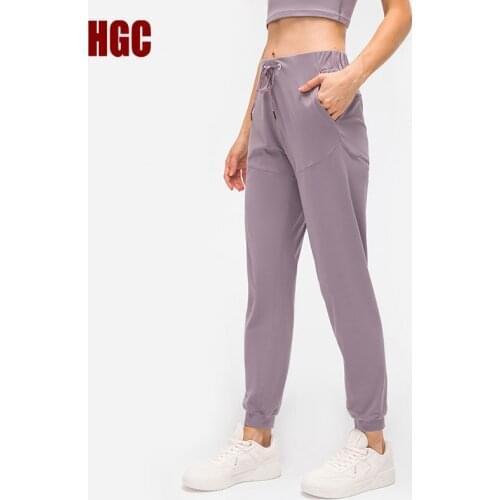HGC Sport Trousers Women 2 Side Pocket Straight Tube Casual Yoga Pants High Waist Elastic GYM Workout Loose Fitness Leggings