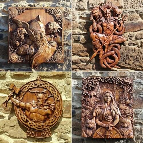 New Resin statue Wall Hanging Wood Odin Ravens Viking Mythology Icon Wall Sculptures Norse Thor Wood Gods Carving Home Decor