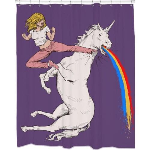 Funny Shower Curtain Puking Rainbows Unicorn Art Feminist Comic Book, Purple Fabric