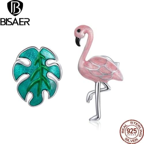 Bisaer 925 Sterling Silver Stud Earrings For Women Flamingo & Leaf Earring 5A Clear Cubic Zirconia Festival Fine Jewelry ECE1124