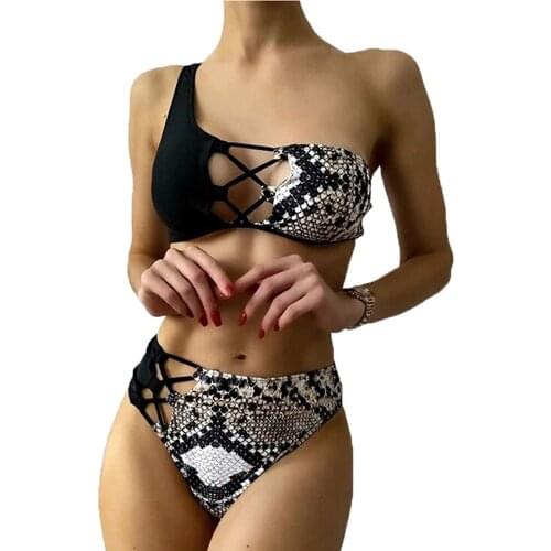 New Womens 2-piece Swimsuit One-shoulder Personality Snake Pattern Bikini Hollow High Elastic Breathable Beach Swimsuit Set