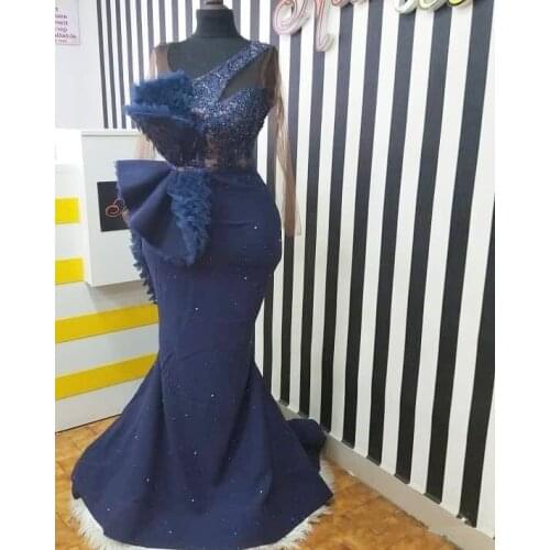 Navy Blue Prom Dresses Mermaid Long Sleeves Appliques Beaded Dubai Saudi Arabic Long Robe De Soiree Prom Gown Evening Dresses