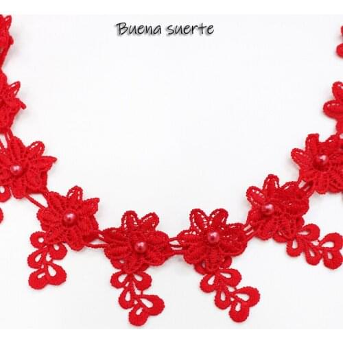 1Yard Red Flower Tassels Fringe Pearl Beaded Lace Trim Ribbon Fabric Sewing Craft Patchwork Handmade DIY for Skirt Decoration