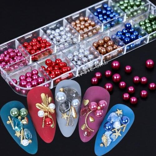 12 Grids/Box 3D Pearls Mix Sizes Mult-Colors White Gray Silver Round ABS Nail Art Rhinestone Decorations Manicure DIY Tips