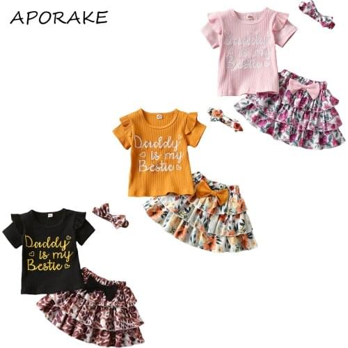 2021 0-3Y Fashion Kids Baby Girl Clothing Set Letter Print Short Sleeve T-shirt Top+Floral Print Layered Skirt+Headband Summer
