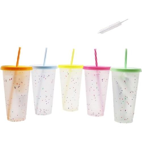 5 Pcs Reusable 720ml Color Changing Rainbow Cup with Rainbow Straw and Lid Reusable Plastic Cup with Straw Color Crumb