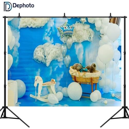 DePhoto Photo backdrop Blue Sky Clouds balloon Baby Photography Backdrop Toy Kid birthday party Photo Shoot studio background