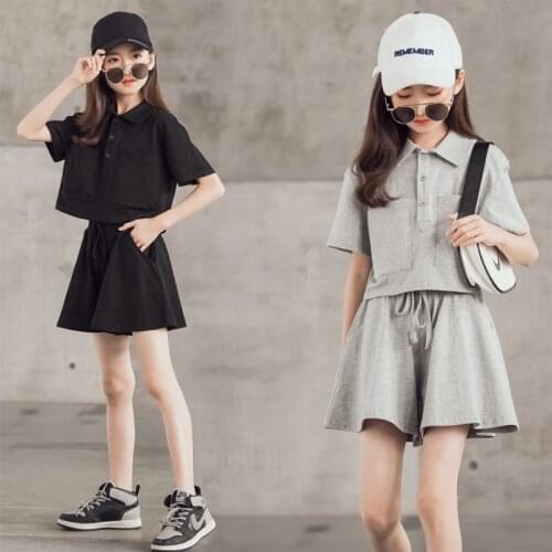 Girls Suits Summer 2021 New Big Children Clothes Kids Casual Short-sleeve Wide-leg Shorts Two-piece Set