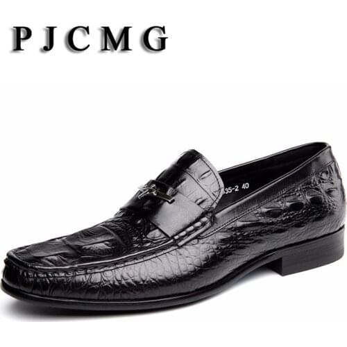 PJCMG Fashion Black/Red Men Dress Shoes High Quality Breathable Lace-Up/Slip-On Crocodile Pattern Genuine Leather Oxford Shoes