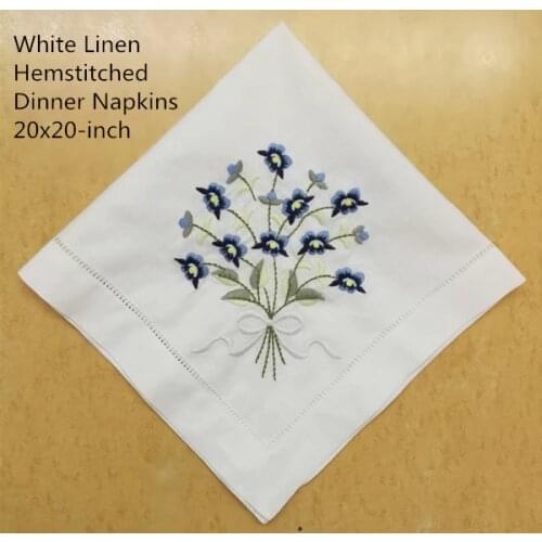 Set of 12 Fashion Dinner Napkins white Hemstitched linen Table Napkin with Color Embroidered Floral Wedding Napkins 20x20-inch