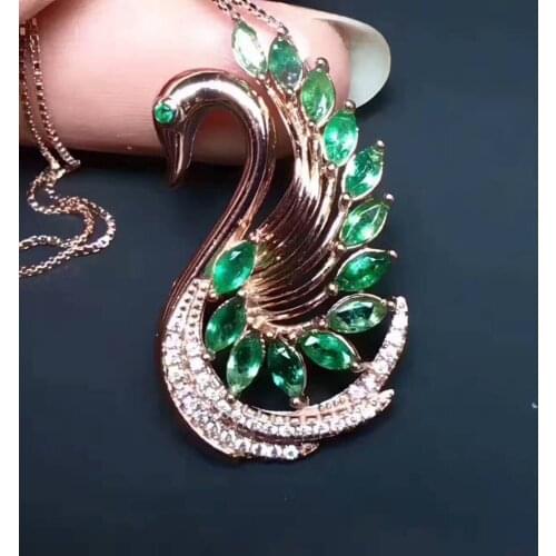 Natural green emerald pendant S925 silver Natural gemstone Pendant Necklace trendy Luxury big swan women lovers party jewelry