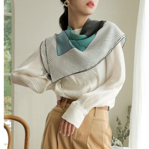 OMEA Handrolled 100% Real Silk Square Scarf Women Strip Handkerchief Horse Pattern Elegant Blue Bandana Water Ripples Headwraps