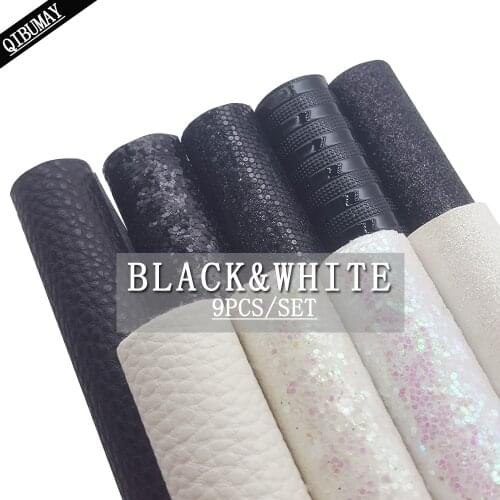 QIBU 9pcs 22*30cm White&Black Chunky Glitter Fabric A4 size Faux Leather Sheets DIY Hair bow Earring Accessories Materials