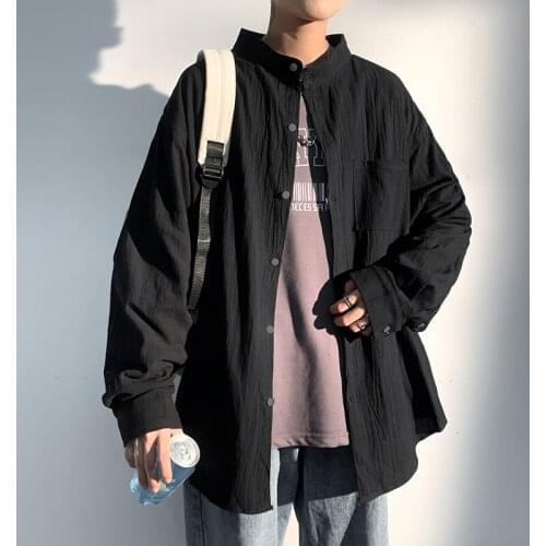 Hybskr Cotton Linen Mens Oversized Shirts Streetwear Man Stand Up Collar Shirt 2021 Male Casual Long Sleeve Blouses Tops