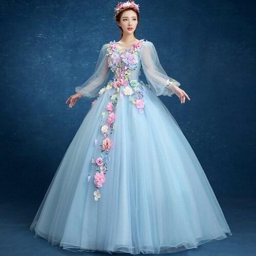 V-neck Quinceanera Dresses Long Sleeve Hand Flower Boho Wedding Party Dress Blue Gala Gowns Vestido De 15 Anos De Debutante 2021