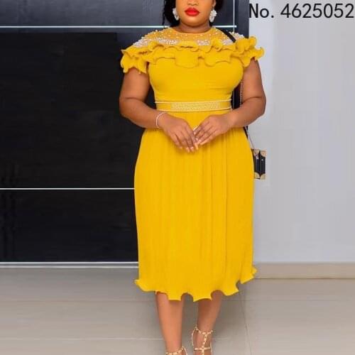Classy Women Chiffon Dresses Beading Ruffles Pleated Dress Plus Size 3XL 4XL Africa Fashion Summer White Yellow Birthday Outfits