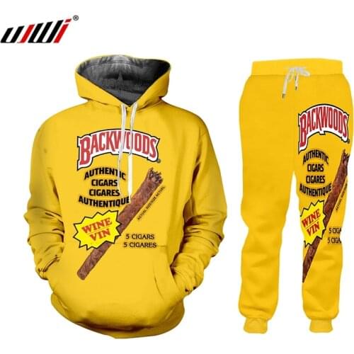 UJWI 2019 Hot Yellow O-Neck Hoodies Streetwear Backwoods Hoodie Sweatshirt men 2 piece set Autumn Winter tracksuit set Pullover