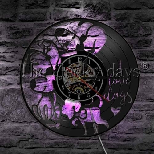 I Love Dogs Vinyl Record Wall Clock Cartoon Dogs LED Night Light Puppy Animal LED Hanging Light Home Decor Wall Watch