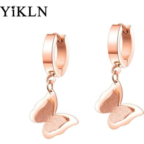 YiKLN Fashion Frosted Double-layer Butterfly Earrings For Women Titanium Steel Rose Gold Color Female Hoop Earrings YE17084