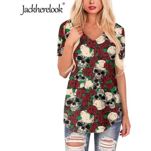 Jackherelook Rose Sugar Skull Pattern Plus Size Women Blouses Harajuku Shirts for Girls Short Sleeve Top Clothes Blusas de Mujer