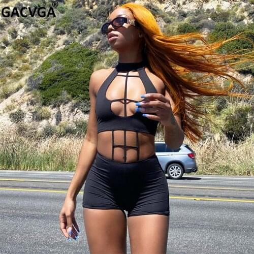 GACVGA 2021 Sleeveless Halter Black Playsuit Backless Bodycon Summer Women Streetwear Bodysuit Casual Romper Short Jumpsuit