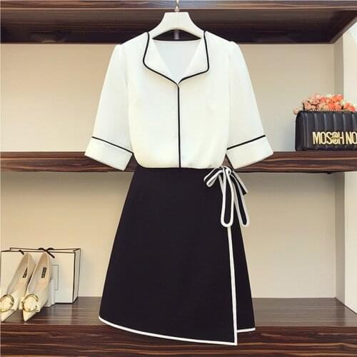 2021 Summer 2 pieces skirts suits Striped patchwork blouse shirts tops + Irregular skirts set Women two piece set office suit