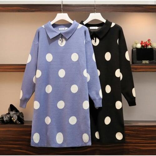 4XL plus size women casual dot print kintting dress autumn winter 2021 long sleeve turn down collar think loose sweater dresses