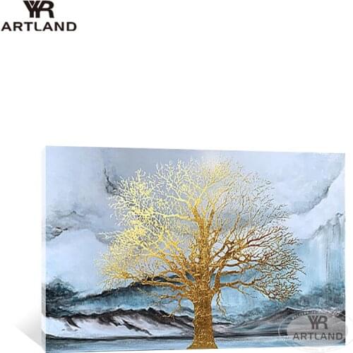 Gold foil money tree for Christmas decoration Handmade acrylic oil painting on canvas wall art picture for living room sofa