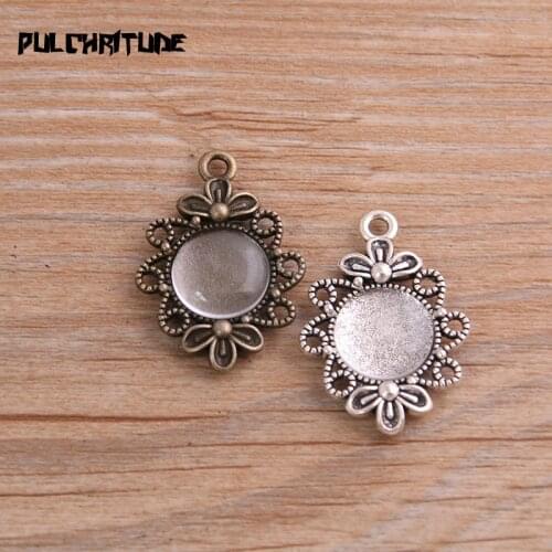 8pcs 12mm Inner Size Two Color Metal Alloy Simple Round Flowers Cabochon Pendant Setting Jewelry Findings