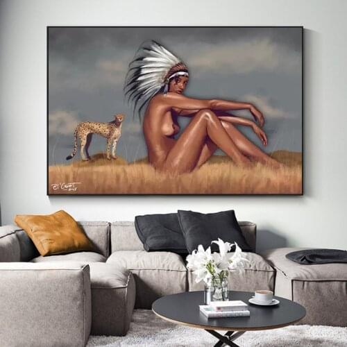 Savannah African Naked woman and cheetah pictures Canvas painting Posters and Prints Wall Picture for Living Room Home Decor