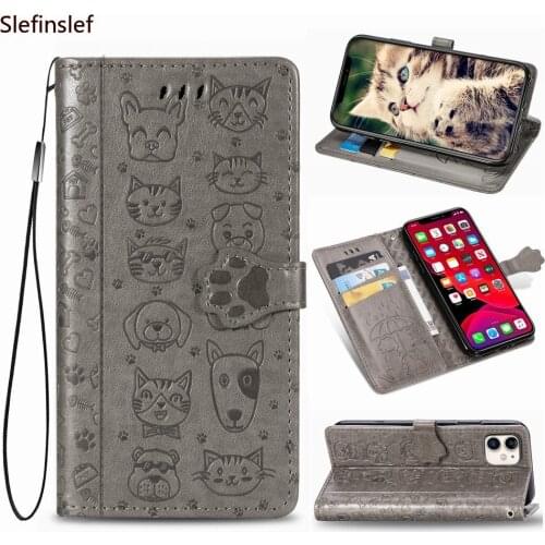 Cute Cat & Dog Embossed Flip Phone Case For Samsung Galaxy S20 Ultra Plus Note 9 10 Pro 5G A51 Flip.Leather Cover Card Slot
