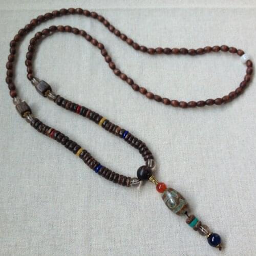 Retro Style Wooden beads Agate Dzi Beads Pendants Long Necklace.Amulet Dzi Wenge Beads Necklace Fashion for Men and Women