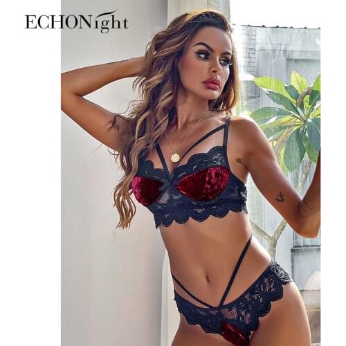 Echonight Velvet Lingerie Set Winter Womens Underwear Lace Lingerie Femme Bra Set Open Night Underwear For Women Wholesale
