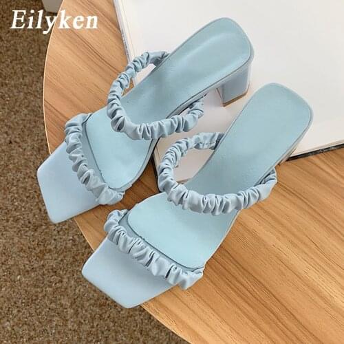 Eilyken New Womens Slides Fashion Square Heels Slippers High Quality Pleated PU Leather Open Toe Summer Sandals Female Shoes