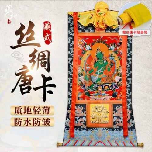 Thangka Green Tara Buddha Statue Hanging Painting Tibet Household Buddha Worship Decorative Painting Silk Thangka Decorative